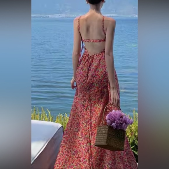 3D Rosette Ditsy Maxi Dress Chiffon Silk Slip Floral Love Flower NEW Suzette - Picture 5 of 14